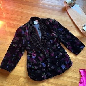 Floral studded polka dot velvet smoking jacket vintage stud luxe M 6 tailored